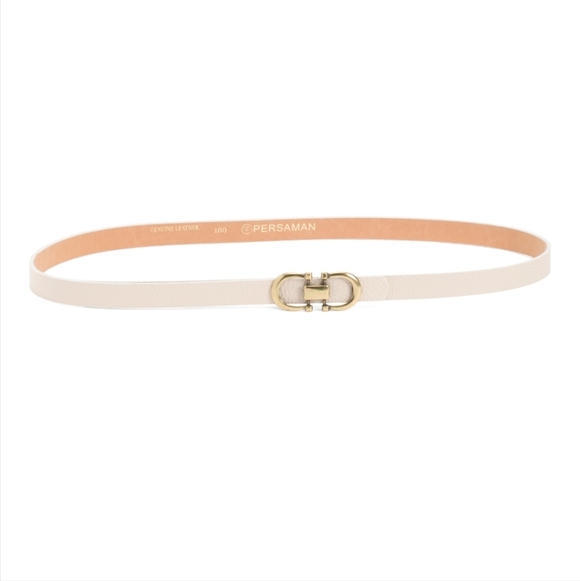 Persaman New York Women's White Italian Leather Double Gold Tone Buckle Belt